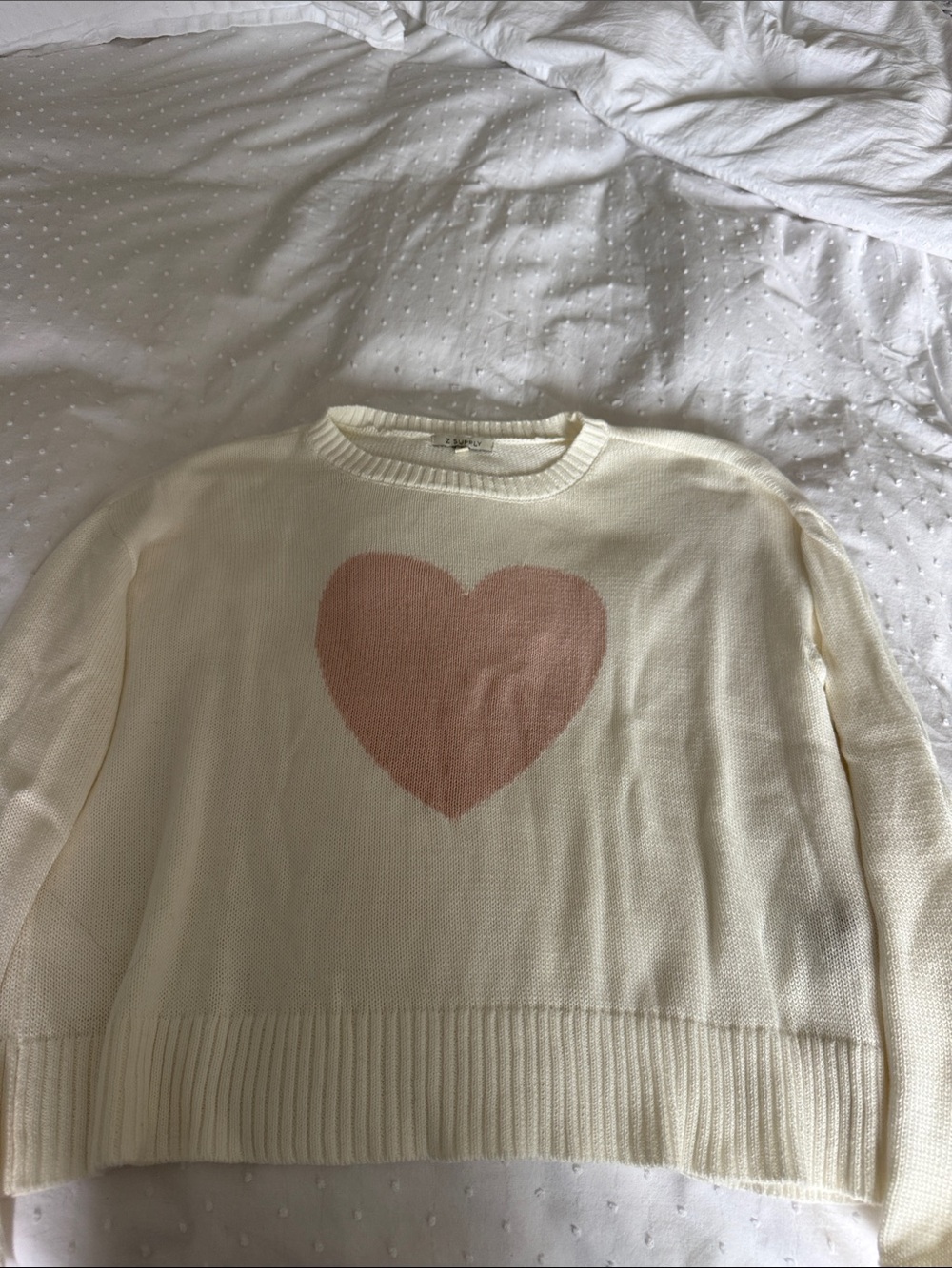 Z Supply Cream Crewneck Sweater with Pink Heart